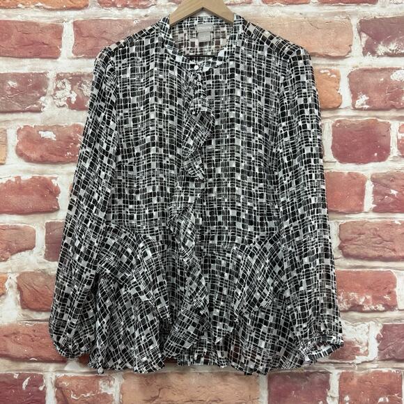 Chicos Top Shirt Womens Medium Black White Plaid Abstract Ruffle Sheer Button Up - Picture 1 of 8